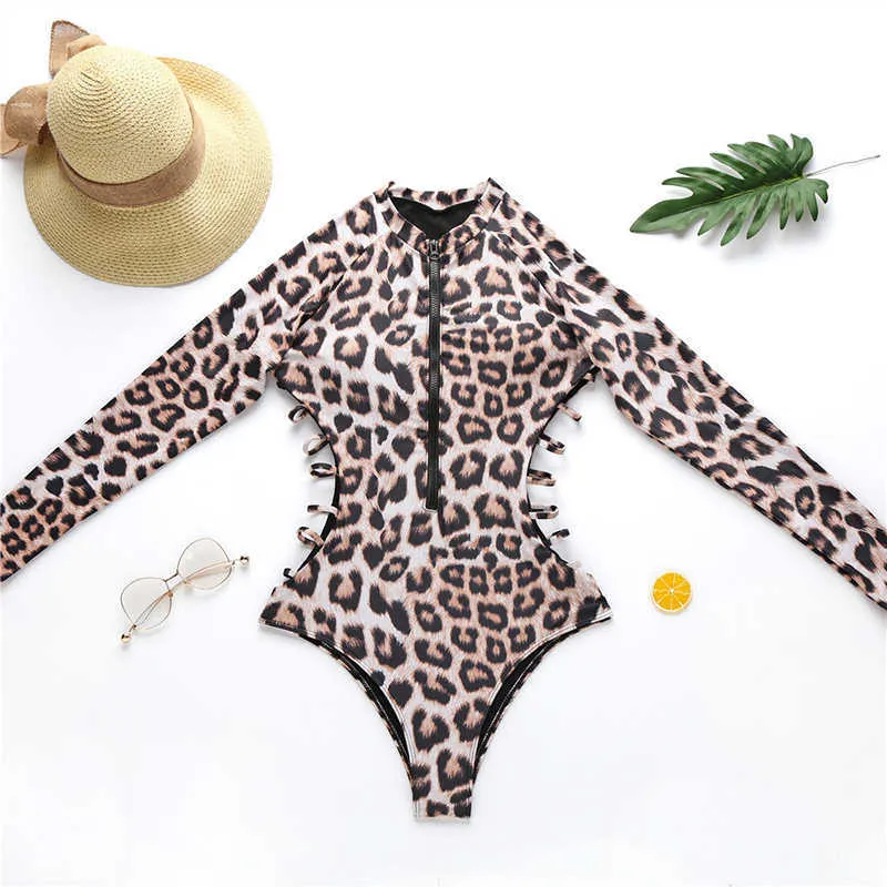 Costume da bagno leopardato a maniche lunghe Completo da surf Stampa serpente Cerniera Monokini Push Up Nuoto sexy donna 210702