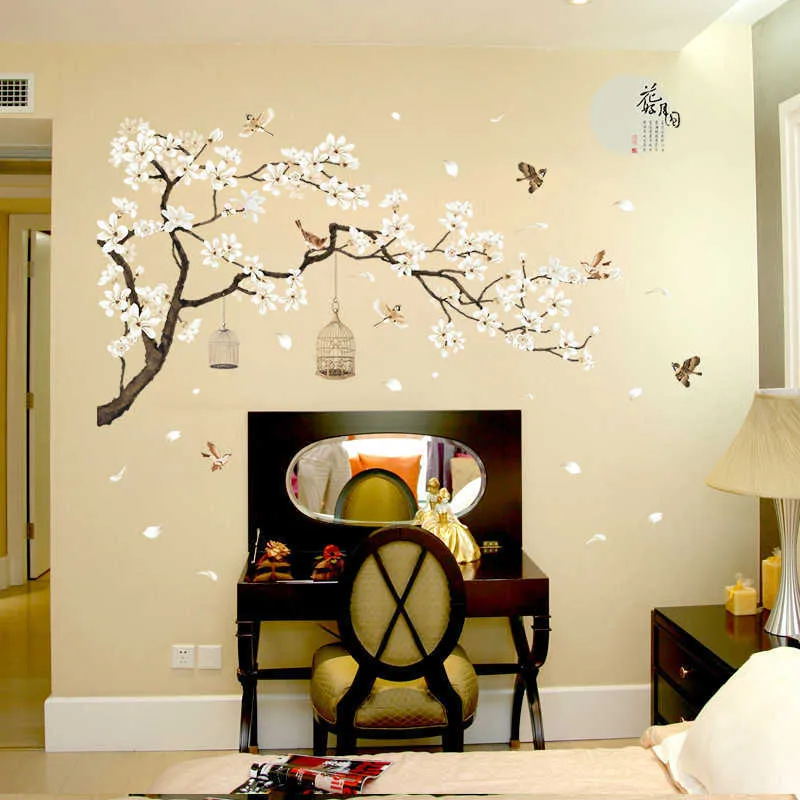 187 * 128cm DIYビニールルーム装飾ビッグサイズの木の壁のステッカー鳥の花の家の装飾壁紙のための居間の寝室210705