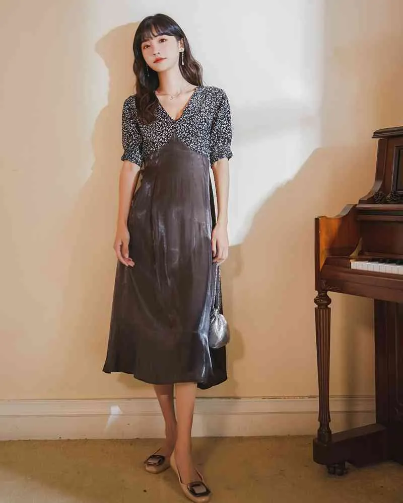 Vintage été longue robe à paillettes femmes col en V Patchwork imprimé léopard tunique coréenne Midi dames avec fente 210427