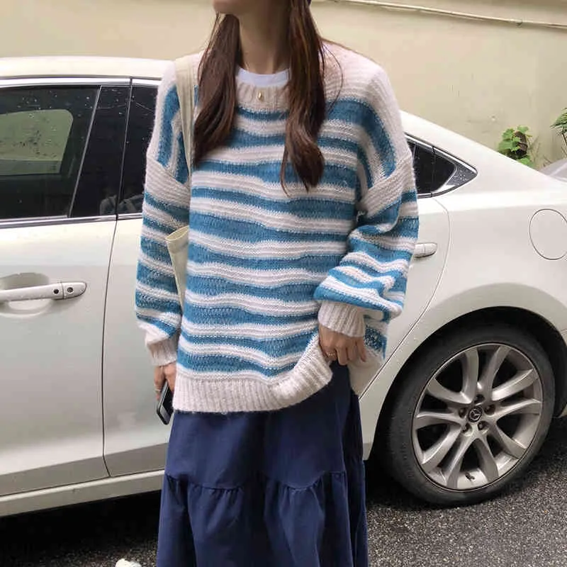 Jesień zima damski sweter koreański styl fala paski dzianiny górne luźne długimi rękawami topy LL793 210506