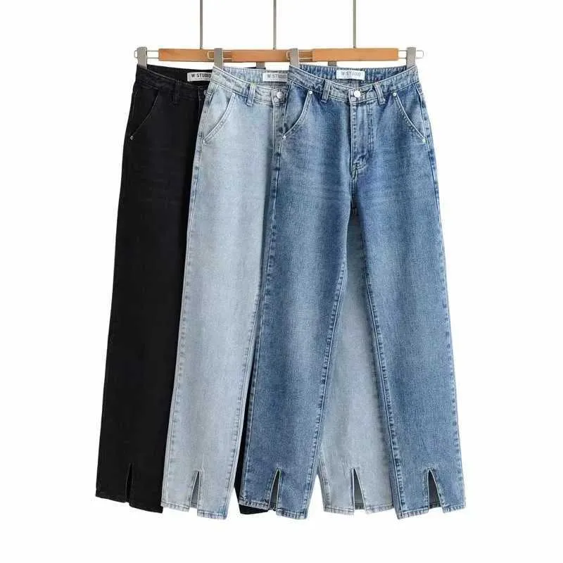 Mamma jeans kvinna hög midja svart blå denim byxor taille haute jeansy rak bred ben streetwear 90s stil vintage donna 210629