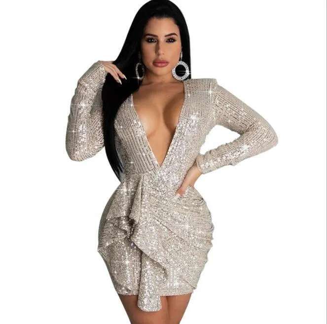 4XL Christmas Sexy Party Dress Women Bodycon Deep V Neck Mini Dress Glitter Sequins Long Sleeve Vestidos Evening Y1007271O