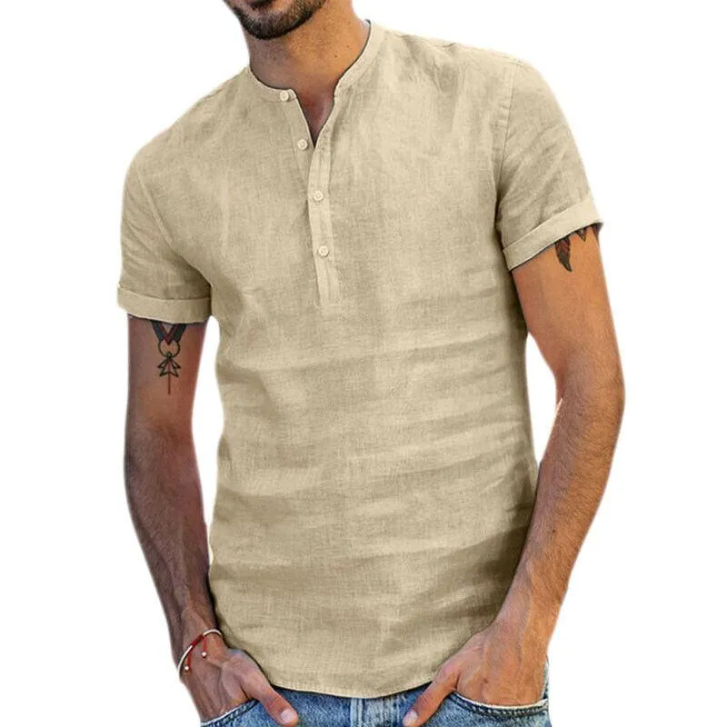 Male Short Sleeve Linen Button T-Shirt O-neck Fashion Summer solid Casual Cotton Henley Loose Blouse Tee Top Men Clothing