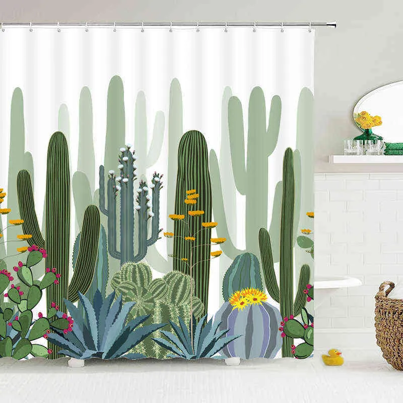 Kaktusowe zasłony prysznicowe wodoodporne poliester tkaniny zasłony prysznicowe rośliny tropikalne ekran łazienkowy kurtyna Home Decor 180x180cm 211116