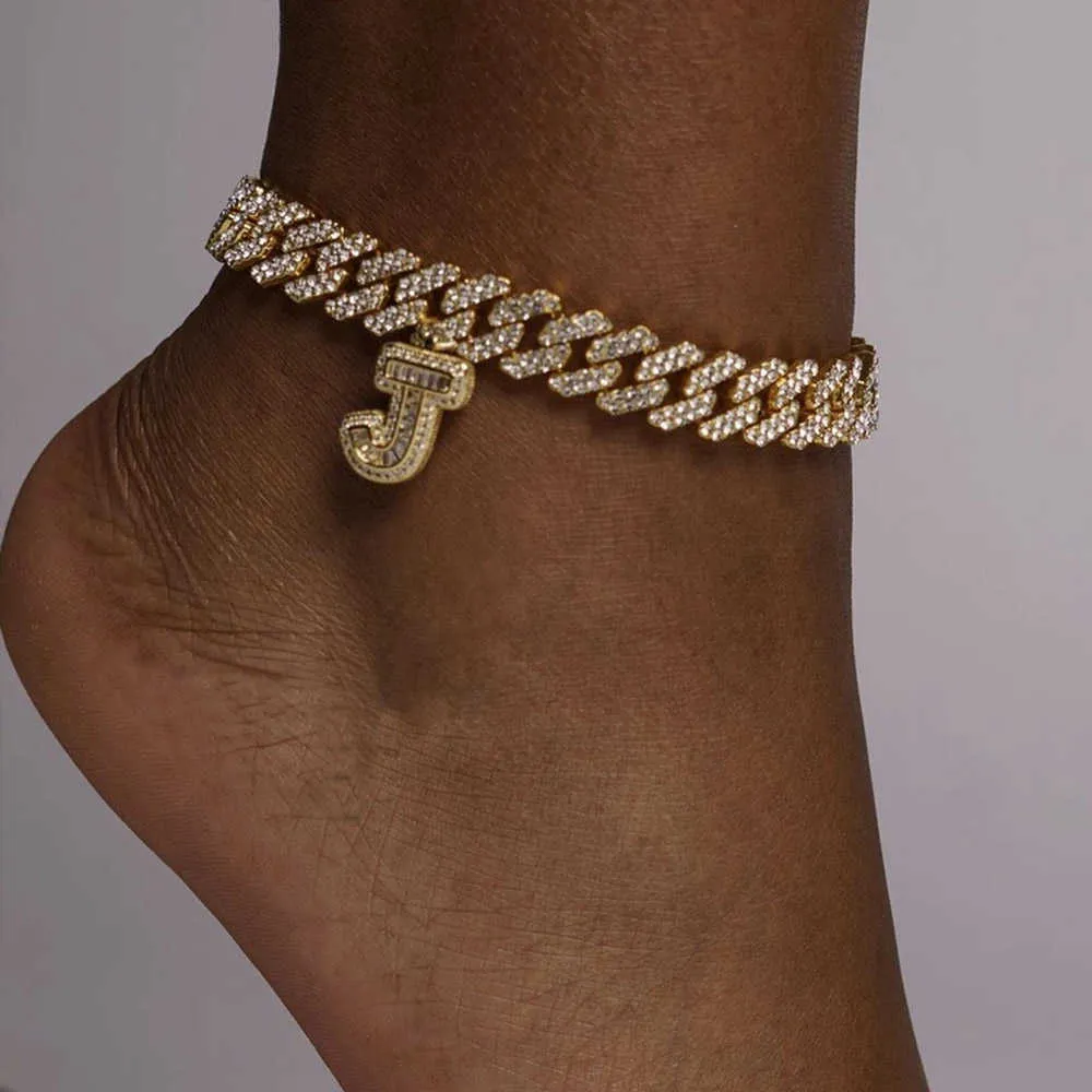 Stonefans AZ DIY Baguette Miami 12mm Cuban Anklet Letter Pendant For Women Iced Out CZ Link Hiphop Foot Jewelry 2107097099648