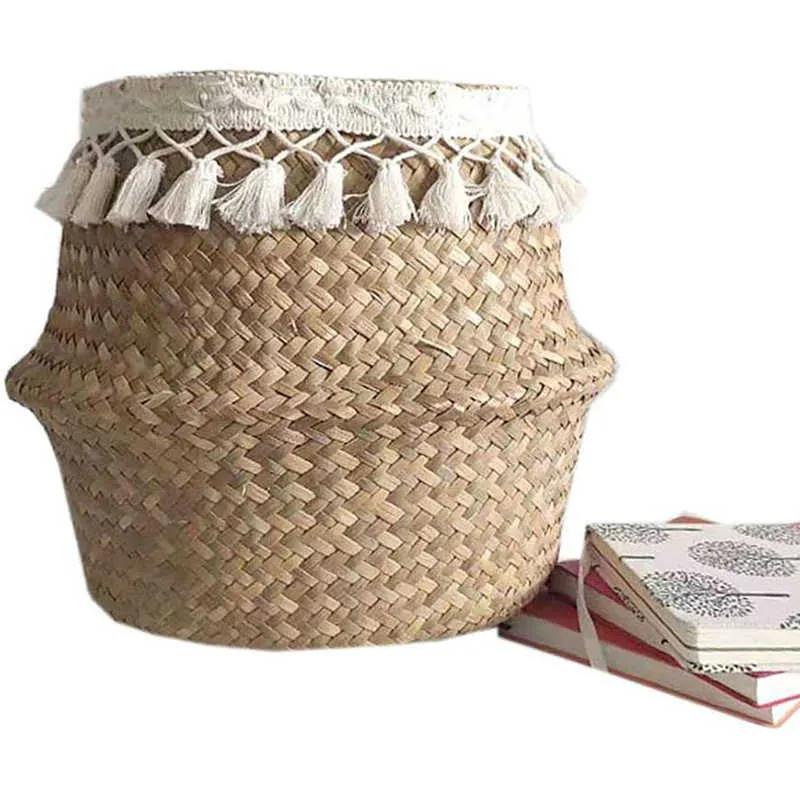 洗濯バスケット折りたたみ式海草の花の手書きの植物の鍋の玩具収納のためのストロー210609