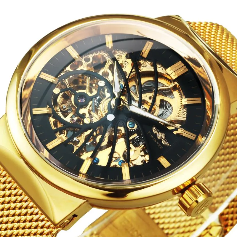 Ultra Thin Automatic Mechanical Watch Men Gold Bird Pattern Design Mesh Strap Skeleton Wrist Wristwatches206w