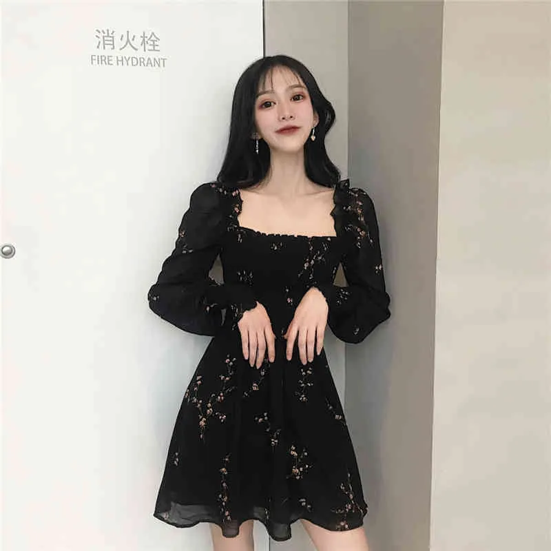 Été femmes robe noire Vintage fleur à manches longues bouffantes robes en mousseline de soie coréen décontracté Mini Vestidos Mujer 210520