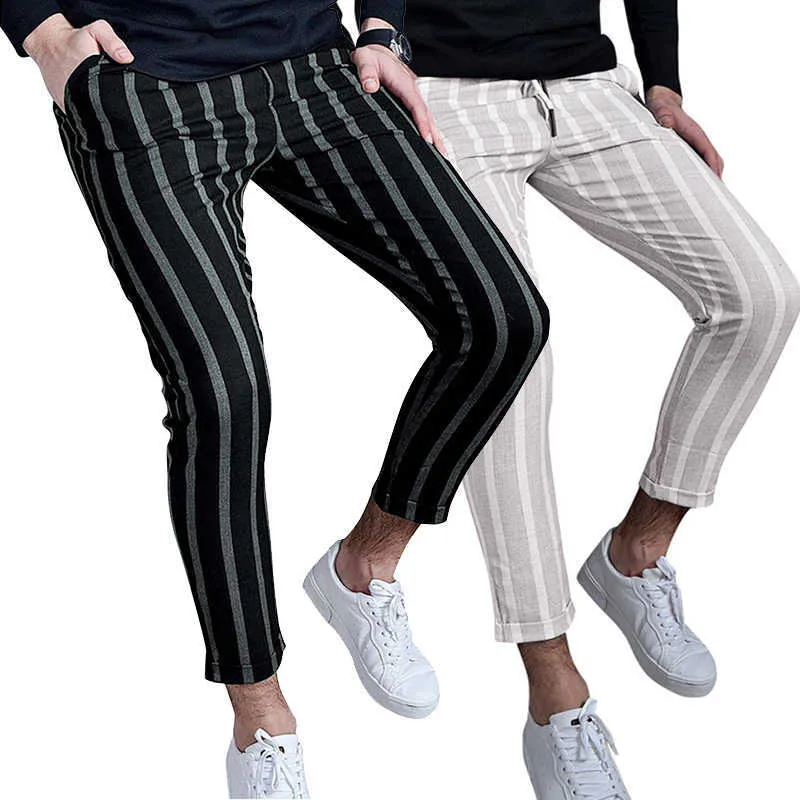 Pantaloni da uomo a righe con finiture scozzesi a i Pantaloni con cerniera a vita media Sottile da lavoro Slim-fit Antirughe Tessuto tinta unita Chino Y0811