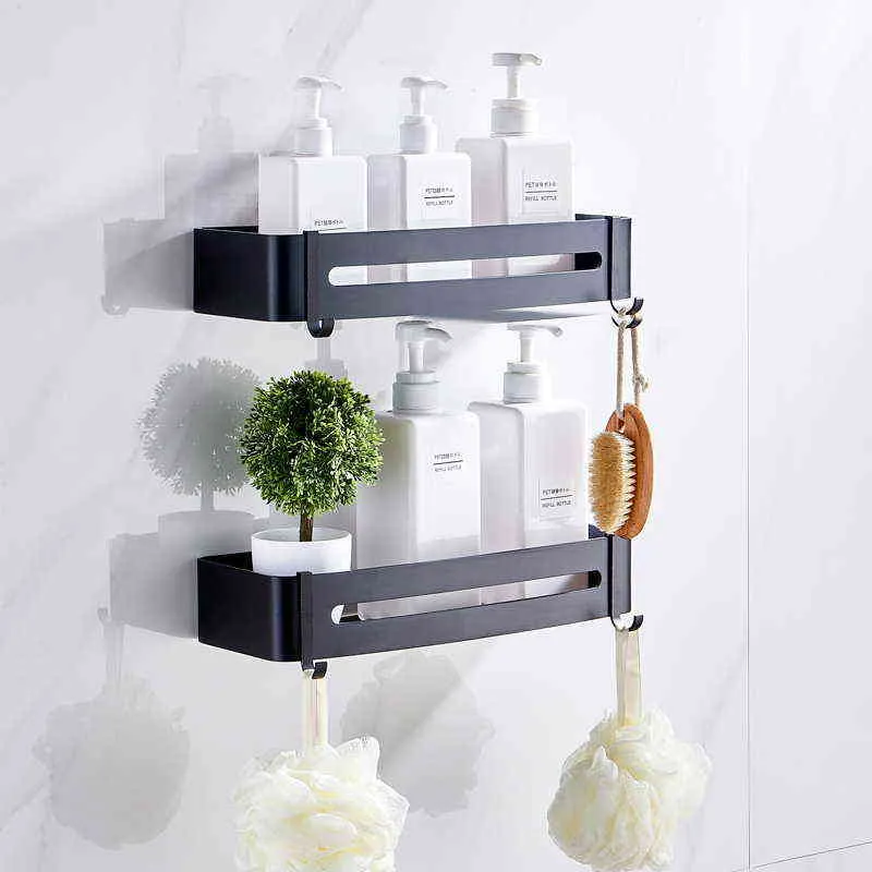 Bathroom Shelves Shower Shelf Bath Corner Shampoo Storage Rack Wall Mounted Aluminum Basket Holder Kitchen Accessories 211112