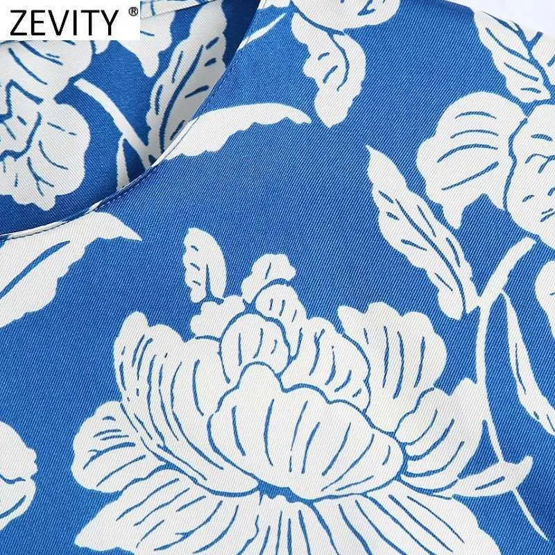 Zevity Donne Vintage Blue Floral Stampa Lato Pieghettato Pieghettato Smock Blusa Ufficio Ladies Flare Sleeve Camicie Chic Blusas Tops LS7707 210603