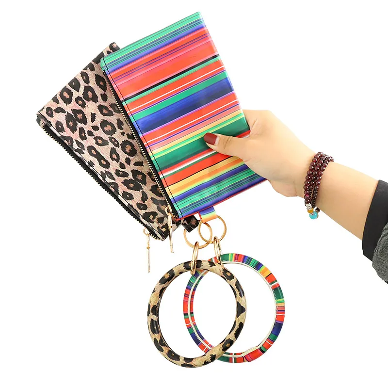 PU Keychain Coin Purses Bracelet Wallet Woman Handbag Leather Tassel Pendant Designers Handbags Leopard Sunflower Print Ladies Bag226g