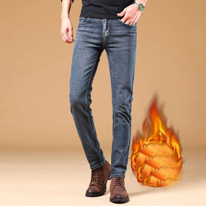 Hiver thermique chaud flanelle Stretch Jeans hommes hiver qualité célèbre marque polaire pantalon droit flocage pantalon Denim Jean X0621