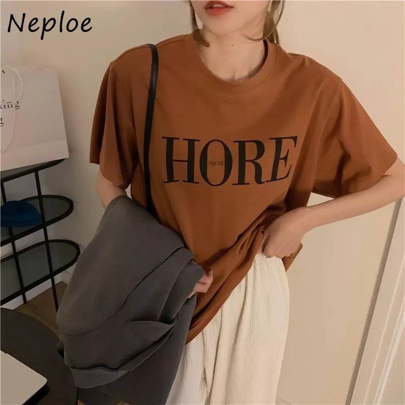 Neploe O Neck Sweter Krótki Rękaw T Shirt Kobiety List Wzór Solid Trójniki Femme Lato Wszystkie Mecz Ladies Top 210510