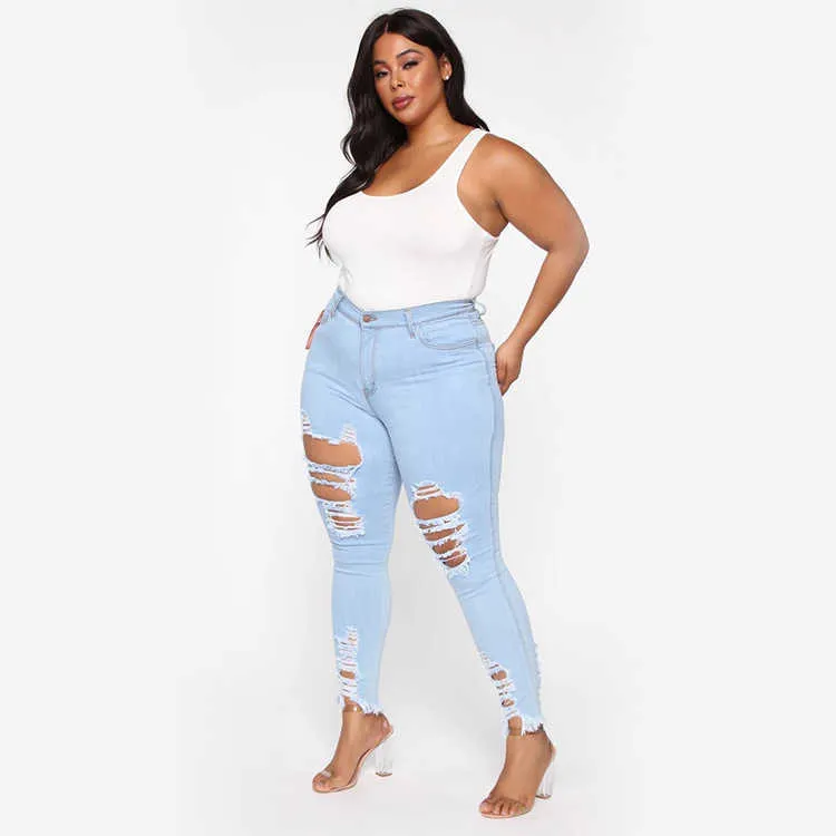 Ins Test Dames Gescheurde Jeans Plus Size Lady's Sexy Nachtclub Draag Hoge Taille Holle Denim Potlood Broek Herfst 210708