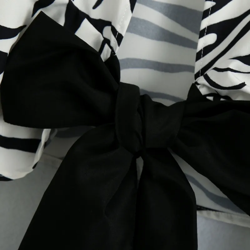 Kobiety Stripe-Stripe Print Sleeve Krótka koszula Vintage Femme Back Femme Bow Bow Blouse Casual Lady Tops Smock Blusas S8012 210326
