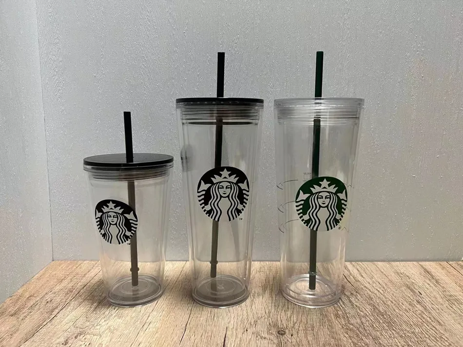 24OZ Starbucks Mermaid mug Tumblers transparent double-layer plastic Reusable cup with lid and straw276w