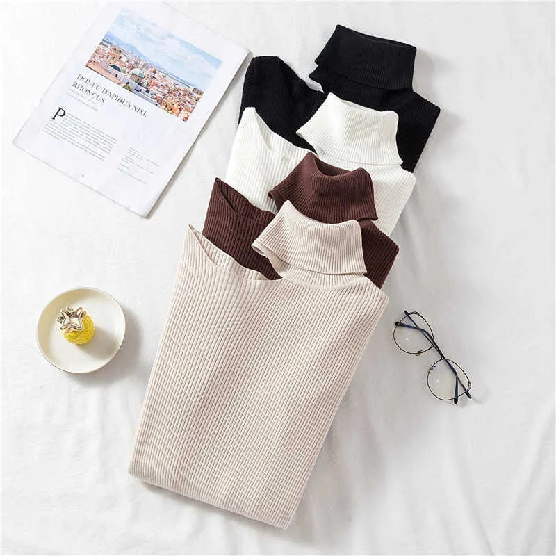 Sexy Knitted Sweater Off Shoulder Pullovers for Women Long Sleeve Turtleneck Female Jumper Black White Clothing 211011