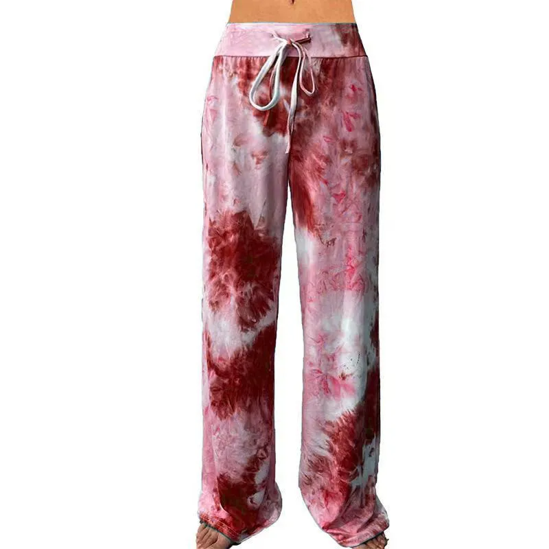 Casual sciolto Tie Dye stampa donna gamba larga pantaloni Yoga Lace Up Fitness Plus Size pantaloni a vita alta patchwork femminile Pant 210522