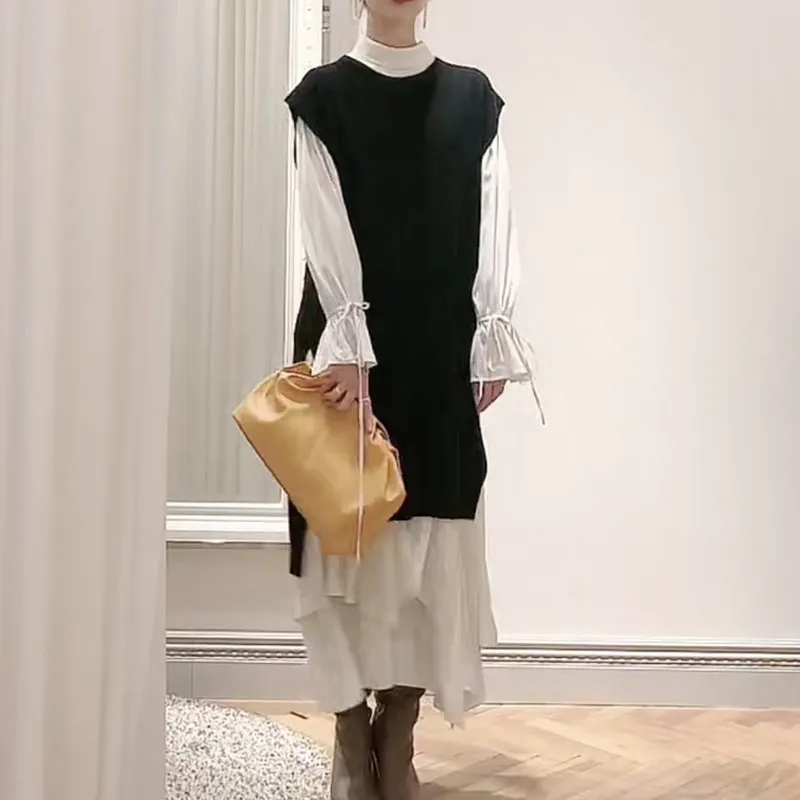 Japan Oregelbundet Design Fashion 2 st Kvinnor Ställ Krage Långärmad Hög midja Hip Klänning + O Neck Ärmlös Sticka Vest Suit 210514