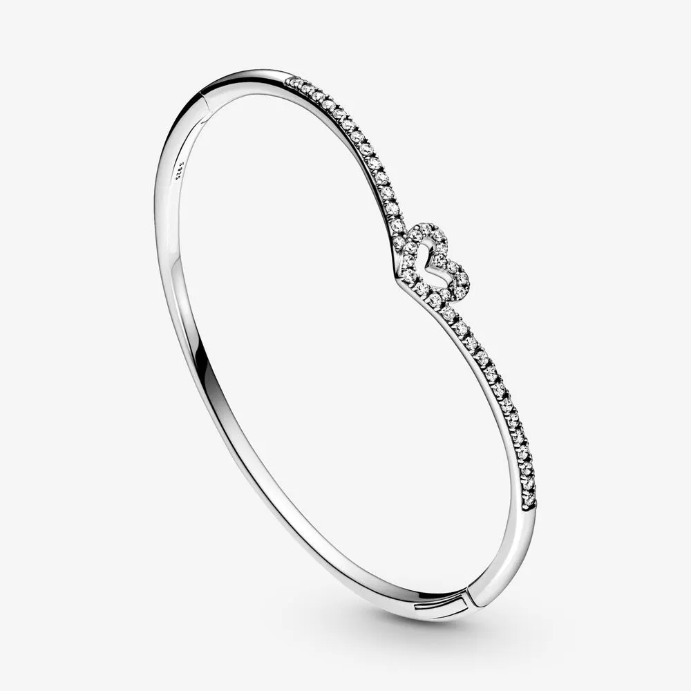 High Polonais 100% 925 Silver Sterling Sparkbone Heart Bangle Women Fashion Wedding Engagement Bijoux Accessoires 242U