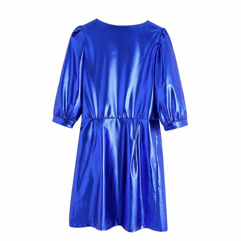 カジュアルな女性ブルーの光沢のある伸縮性のあるSashes Mini Dress SpringファッションレディーススリムVネックES女性シックパーティー210515