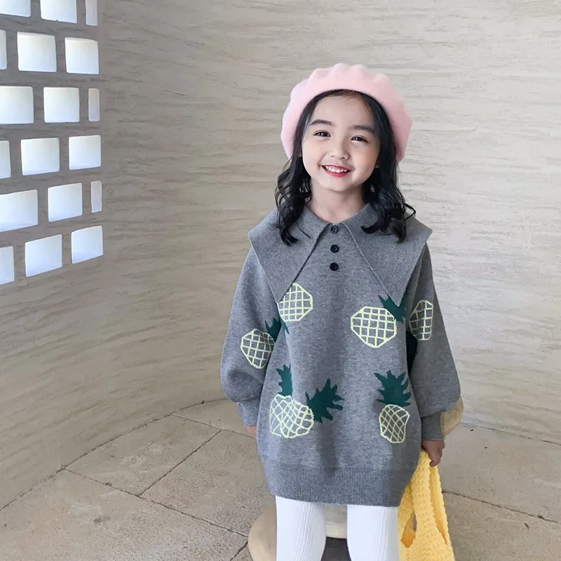 Girls Clothes Autumn Winter Children's Cartoon Pineapple Print Lapel Baby Long-sleeved Sweater Girl Dress 210515