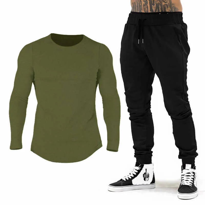 Marka GYM Giyim Eşofman Erkekler Pamuk Uzun Kollu T-Shirt + Joggers Pantolon Erkekler Vücut Geliştirme Spor Koşu Sweatpant Sweatsuit X0610