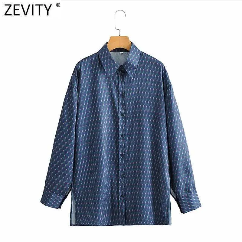 Zevity Femmes Vintage Géométrique Imprimé Casual Blouse Blouse Femme Côté Femme Split Kimono Chemises Chic Blusas Tops LS7682 210603