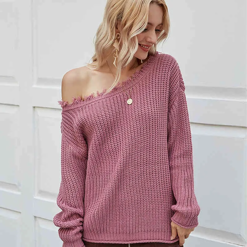 Jerseys de color rosa sólido suéter femenino casual talla grande de gran tamaño mujeres suaves otoño invierno tejido jersey de navidad 210427