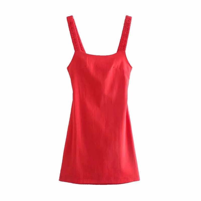 Za Summer Tank Dress con volant da donna senza maniche cinghie elastiche Backless Red Party Dress Donna sexy con spalline Mini abiti 210602