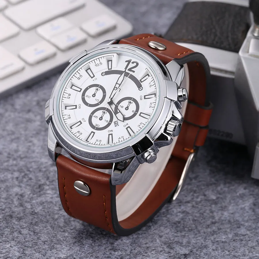 Modemärke tittar män Big Dial Style Leather Strap Quartz Wrist Watch DZ01276G