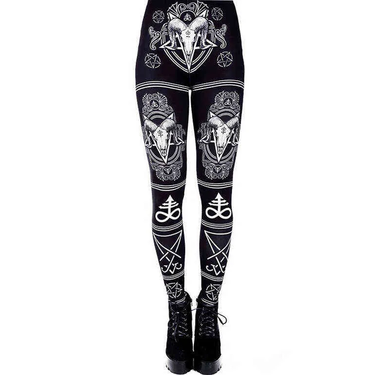 Gothic ouija напечатанные леггинсы козы рога тренировки брюки женские эластичные гексаграммы брюки черные днища женщины 211215
