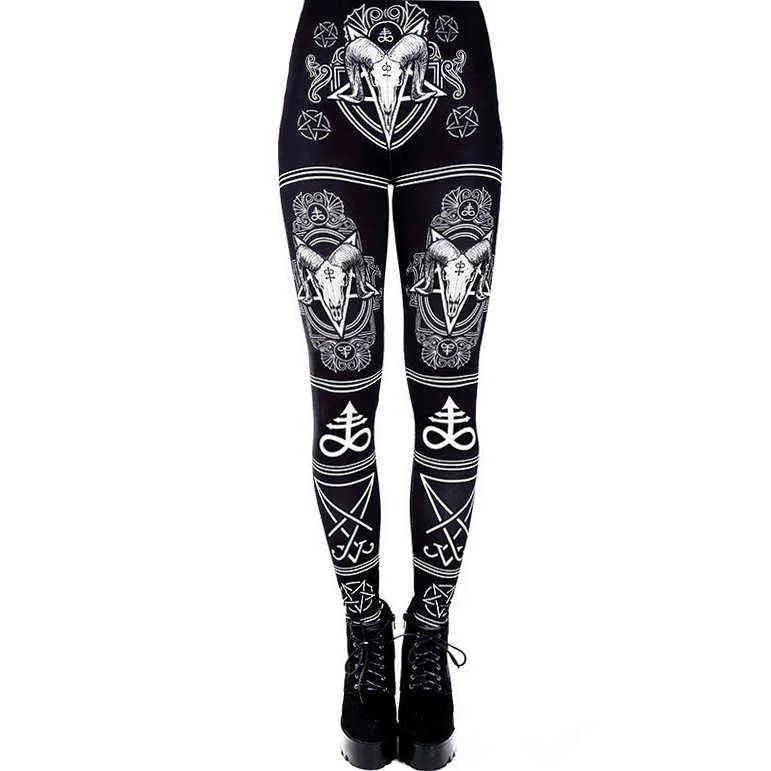 Gotiska ouija tryckta leggings get horn träning byxor kvinnor elastiska hexagram byxor svart bottnar kvinnlig 211215