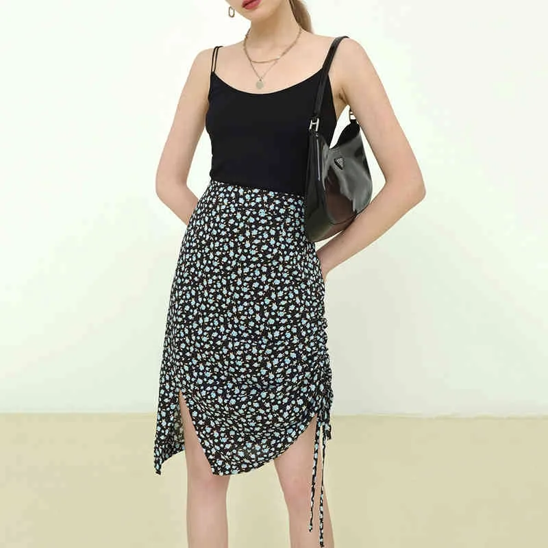 [EAM]ハイウエストブルーパッテン印刷不規則な巾着ハーフボディスカート女性ファッションスプリング夏1DD8969 210512