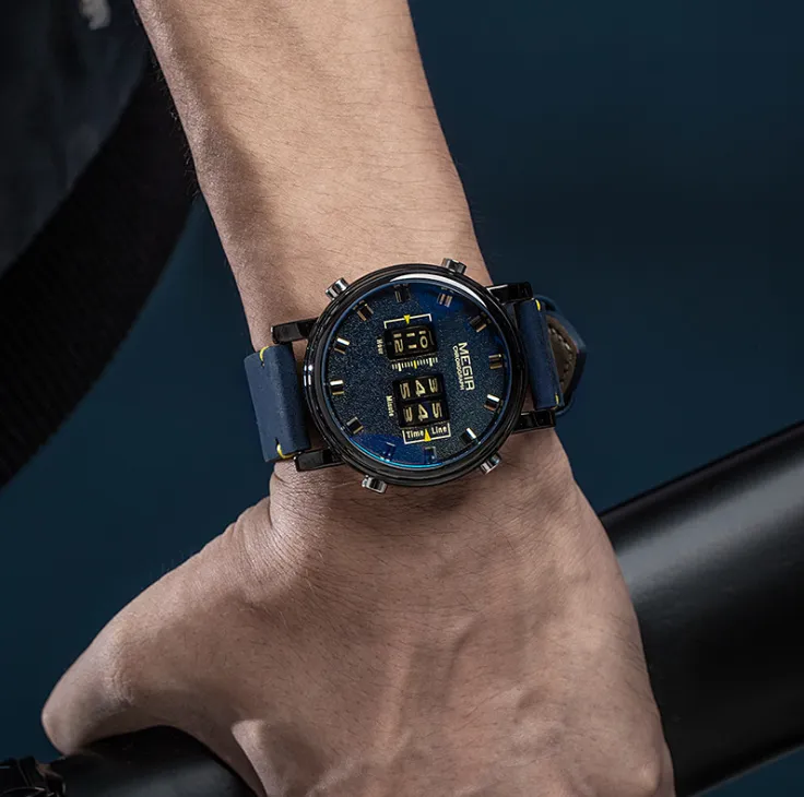 Megir personalidade design criativo rolo masculino relógio clássico pulseira de couro atmosfera fosco dial wearproof vidro cristal mineral 263g