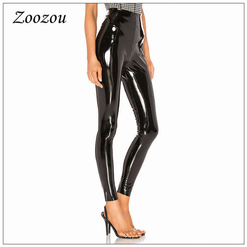 Черные узкие латексные штаны из искусственной кожи PU Pantent Leggings Commando Women Slim High Waist Sexy Bodycon Pant s CUSTOM 210925