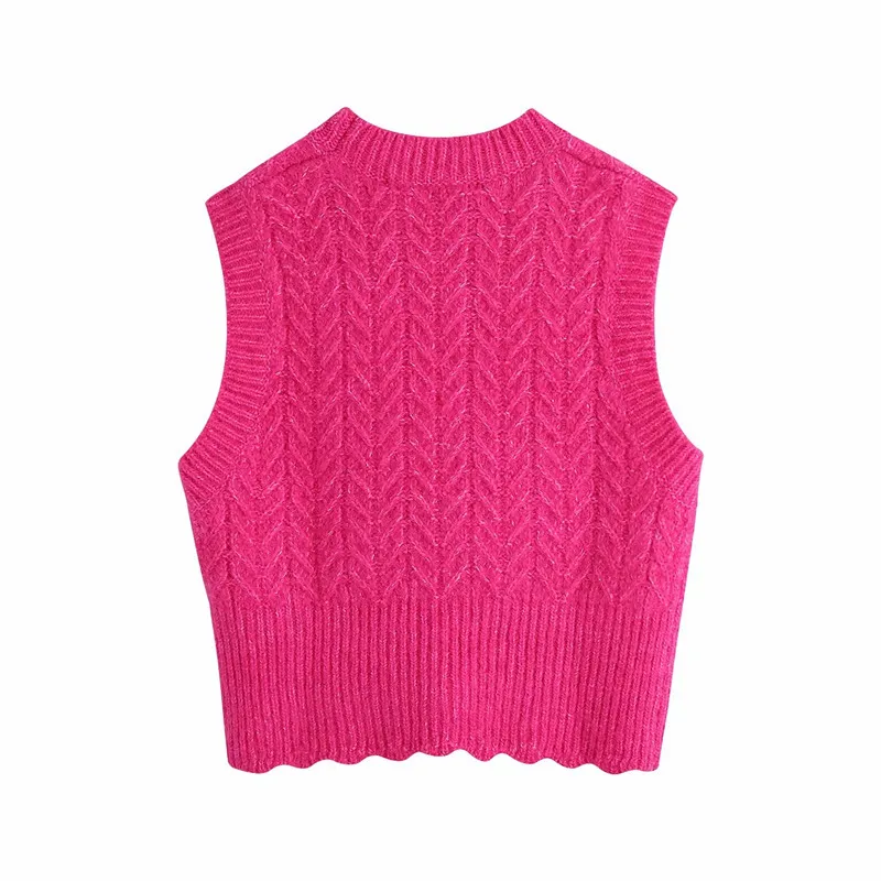 Gilet da donna rosso rosa Maglione da donna Maglione invernale corto senza maniche da donna a costine lavorato a maglia Top vintage 210519