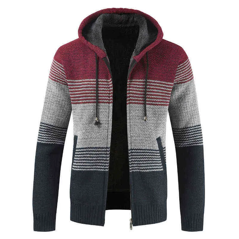 Pull manteau hommes hiver épais chaud à capuche cardigan pulls hommes rayé laine doublure fermeture éclair polaire manteaux hommes 211217