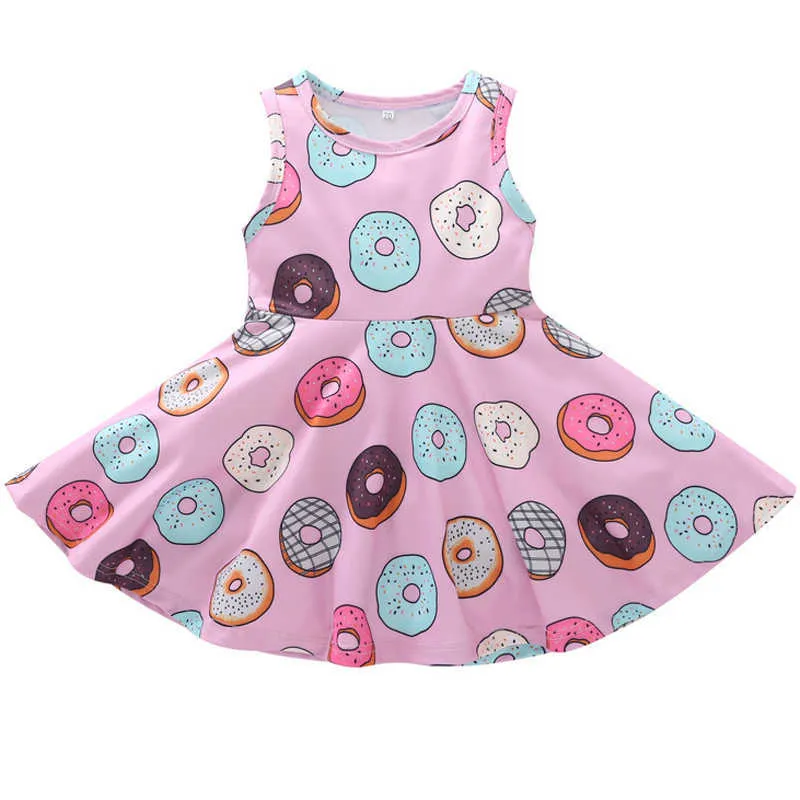 Mode Macaron Print Mädchen Kleider Sommer Baumwolle Ärmellose Kinder Weste Kleid Frühling Rundhals Niedlichen Donut Muster Kleid Q0716