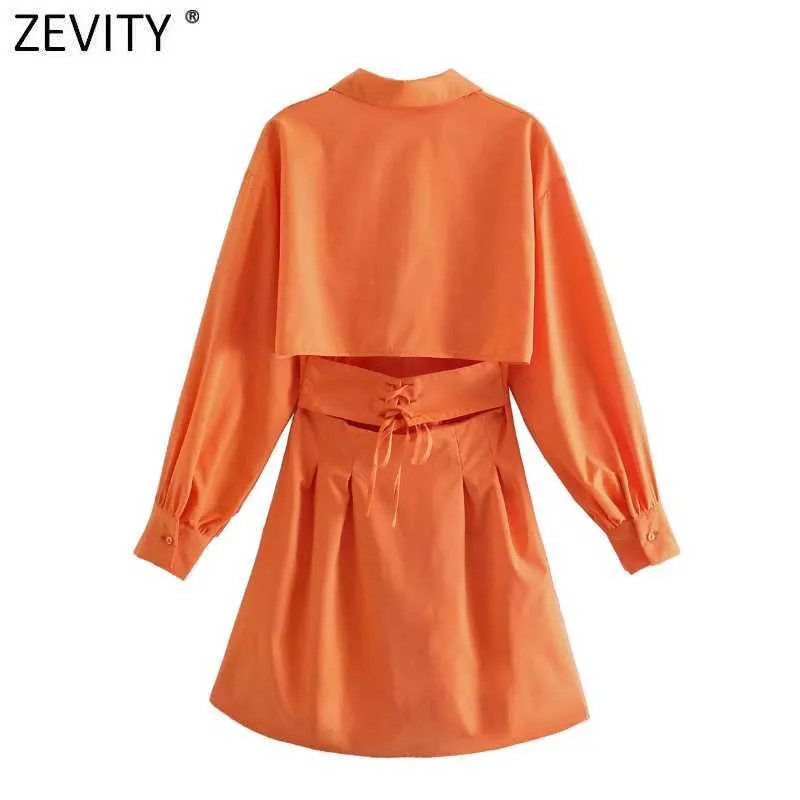 Zevity Women Vintage Vネックソリッドカラープリツデザインミニシャツドレス女性シックなセクシーバックホール包帯コートVestidos DS8334 210603