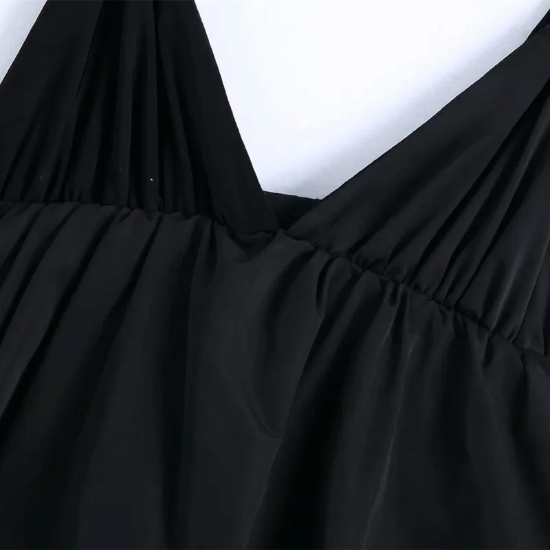 Sexy femme noir Spaghetti sangle cascade volants robe printemps mode doux col en V es Feamle élégant fête 210515