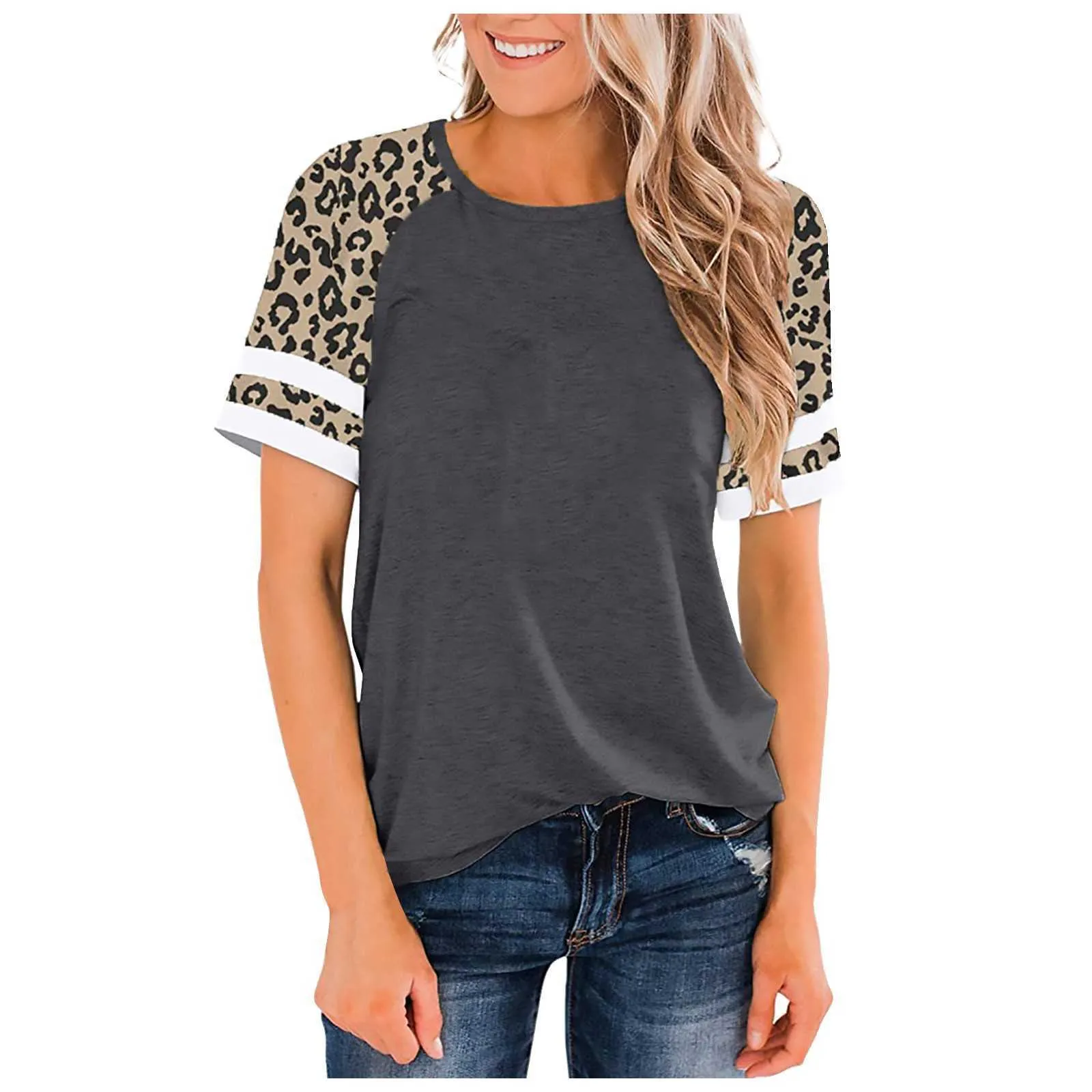 Leopard print short-sleeved top fashion women's loose O-neck hit color tees casual and comfortable plus size T-shirt summer 2021 Y0621