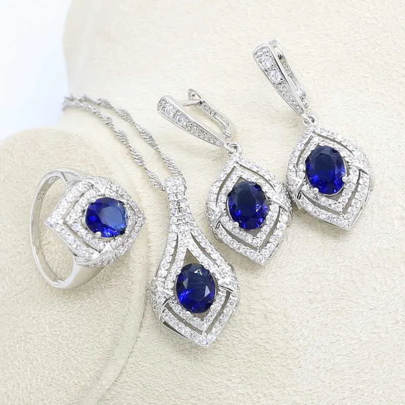 Klassieke blauwe stenen sieraden sets zilveren kleur bruids oorbellen voor vrouwen armband ketting ringen set geschenken doos H1022