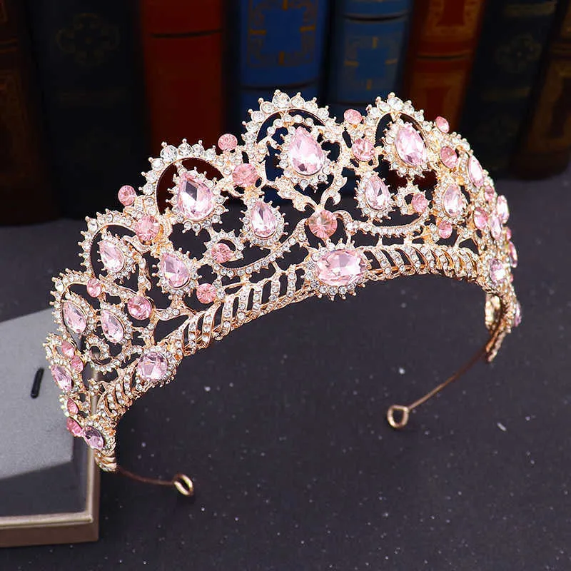 Vintage Barok Różowy Kryształ Tiara Korona Dla Queen Diadem Bridal Crown Tiaras Bride Headbands Wedding Włosy Biżuteria Akcesoria X0625