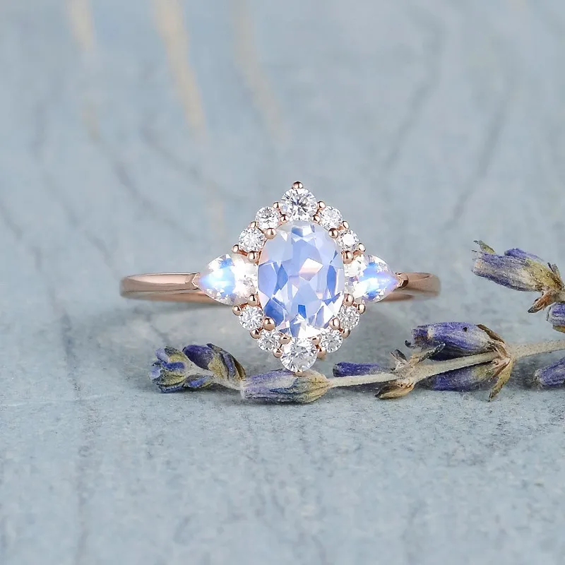 Moda Moonstone Gemstone Anel para Mulheres Meninas Opal Dedo Banda Anéis Partido de Casamento Presente Aniversário Elegante Design de Jóias Vintage