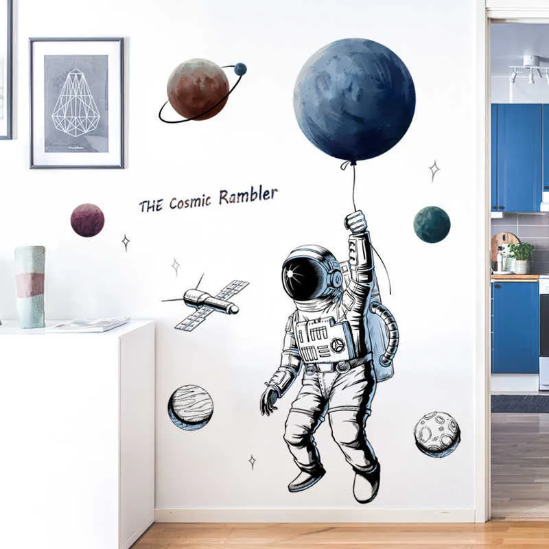 クリエイティブスペース惑星宇宙飛行士のための壁のステッカーのための壁のステッカー男の子の寝室の壁デカールdiy壁画アートPVCポスター壁紙210615