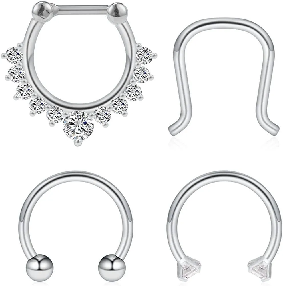 4 Uds 16G acero quirúrgico claro CZ aro de nariz tabique oreja Daith Tragus Clicker anillos retenedor Piercing para el cuerpo joyería