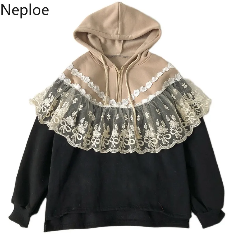 Neploe coréen chic sweats à capuche femmes patchwork manteau de dentelle lourde à capuche contraste couleur surdimensionnée vêtements d'extérieur streetwear sweat-shirt doux 210422