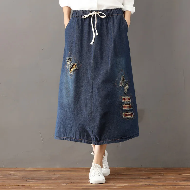 Johnature Vintage A-Line Demin Hole Skirts Spring Pockets Female Clothes Casual Elastic Waist All-match Skirts 210521